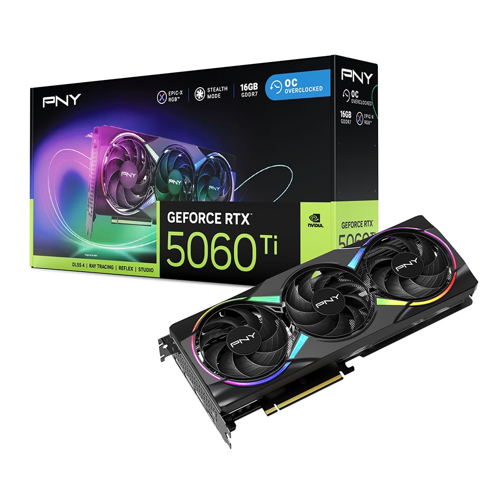 PNY NVIDIA GeForce RTX™ 5060 Ti OC Dual Fan, Graphics Card (16GB GDDR7, 128-bit, Boost Speed: 2692 MHz, SFF-Ready, PCIe® 5.0, HDMI®/DP 2.1, 2-Slot, NVIDIA Blackwell Architecture, DLSS 4)