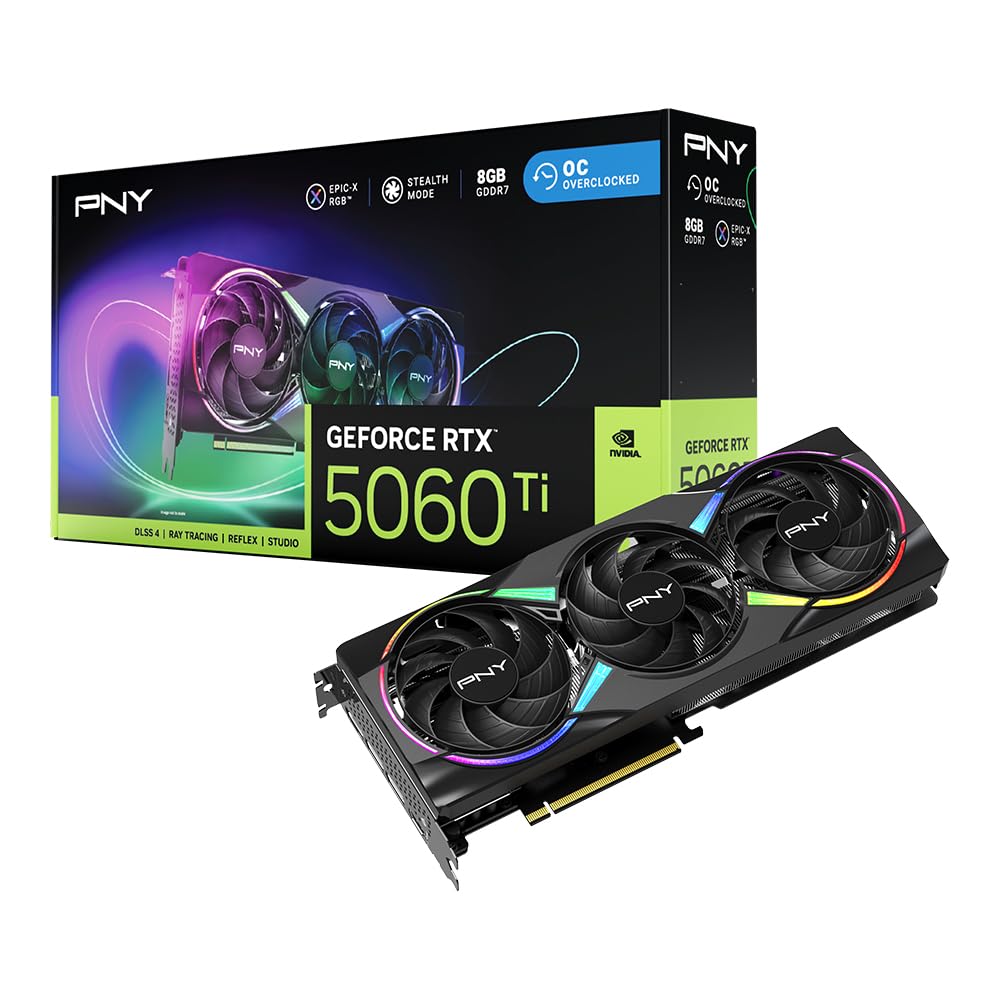 PNY NVIDIA GeForce RTX™ 5060 Ti OC Dual Fan, Graphics Card (16GB GDDR7, 128-bit, Boost Speed: 2692 MHz, SFF-Ready, PCIe® 5.0, HDMI®/DP 2.1, 2-Slot, NVIDIA Blackwell Architecture, DLSS 4)