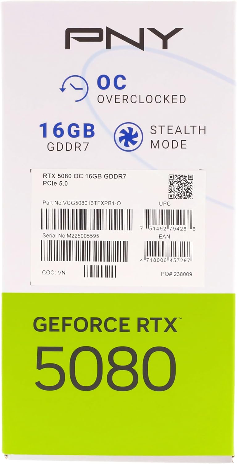 PNY NVIDIA GeForce RTX™ 5080 OC Triple Fan, Graphics Card (16GB GDDR7, 256-bit, Boost Speed: 2730 MHz, PCIe® 5.0, HDMI®/DP 2.1, 2.99-Slot, NVIDIA Blackwell Architecture, DLSS 4)