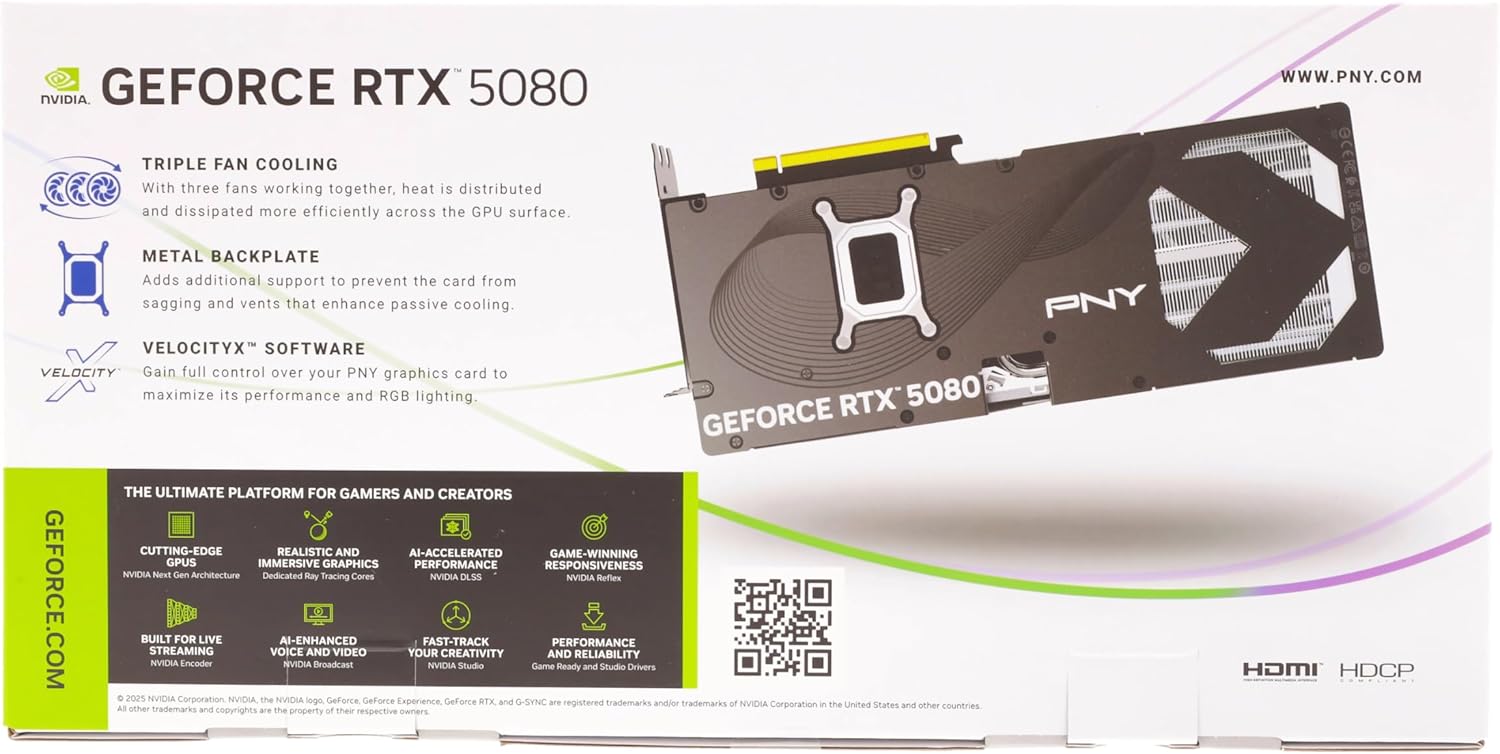 PNY NVIDIA GeForce RTX™ 5080 OC Triple Fan, Graphics Card (16GB GDDR7, 256-bit, Boost Speed: 2730 MHz, PCIe® 5.0, HDMI®/DP 2.1, 2.99-Slot, NVIDIA Blackwell Architecture, DLSS 4)