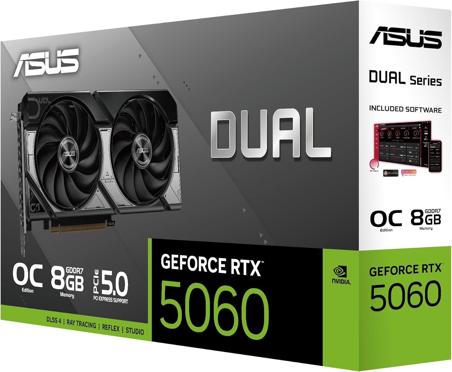 ASUS Dual GeForce RTX™ 5060 8GB GDDR7 OC Edition (PCIe 5.0, 8GB GDDR7, DLSS 4, HDMI 2.1b, DisplayPort 2.1b, 2.5-Slot Design, Axial-tech Fan Design, 0dB Technology, and More)