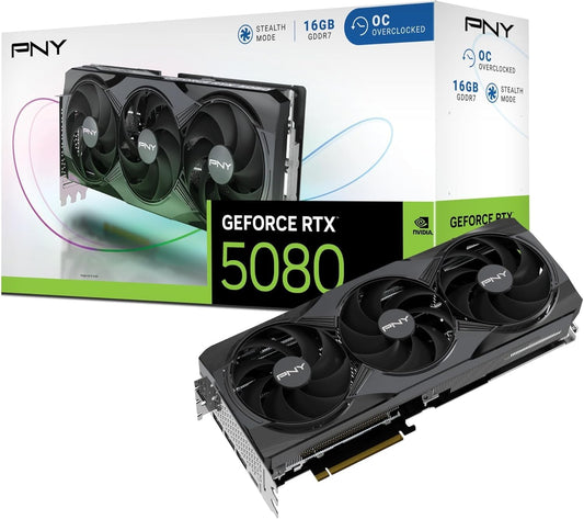 PNY NVIDIA GeForce RTX™ 5080 OC Triple Fan, Graphics Card (16GB GDDR7, 256-bit, Boost Speed: 2730 MHz, PCIe® 5.0, HDMI®/DP 2.1, 2.99-Slot, NVIDIA Blackwell Architecture, DLSS 4)